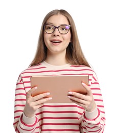 Photo of Teenage girl with tablet on white background