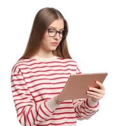 Photo of Teenage girl with tablet on white background