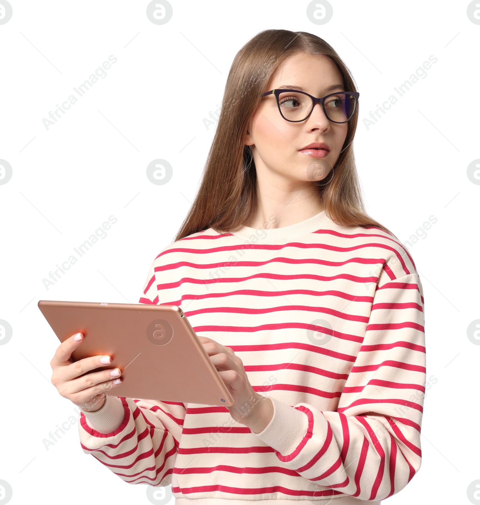 Teenage girl with tablet on white background Photo of Teenage girl with tablet on white background