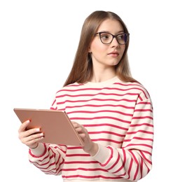 Photo of Teenage girl with tablet on white background