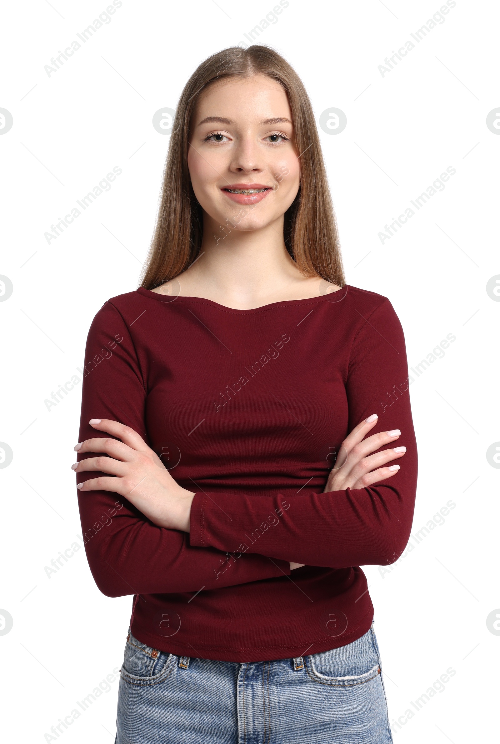 Portrait of teenage girl on white background Photo of Portrait of teenage girl on white background
