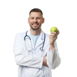 Photo of Nutritionist with green apple and stethoscope on white background