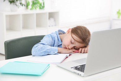 Photo of Tired little girl doing homework at table indoors