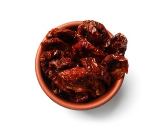 Photo of Delicious sun dried tomatoes in bowl isolated on white, top view