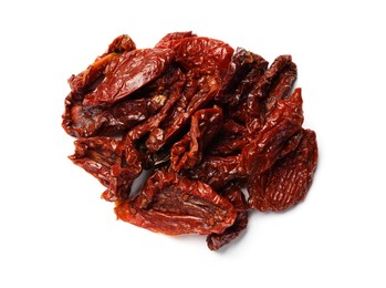 Photo of Delicious sun dried tomatoes isolated on white, top view