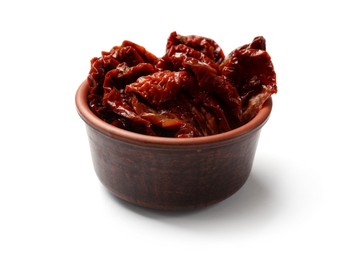 Photo of Delicious sun dried tomatoes in bowl isolated on white
