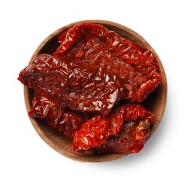 Photo of Delicious sun dried tomatoes in bowl isolated on white, top view