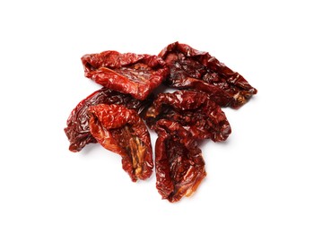 Photo of Delicious sun dried tomatoes isolated on white, top view