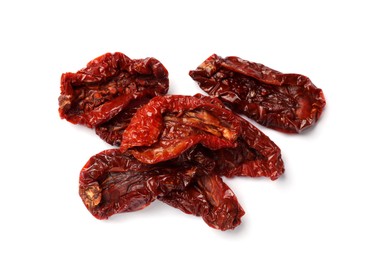 Photo of Delicious sun dried tomatoes isolated on white, top view