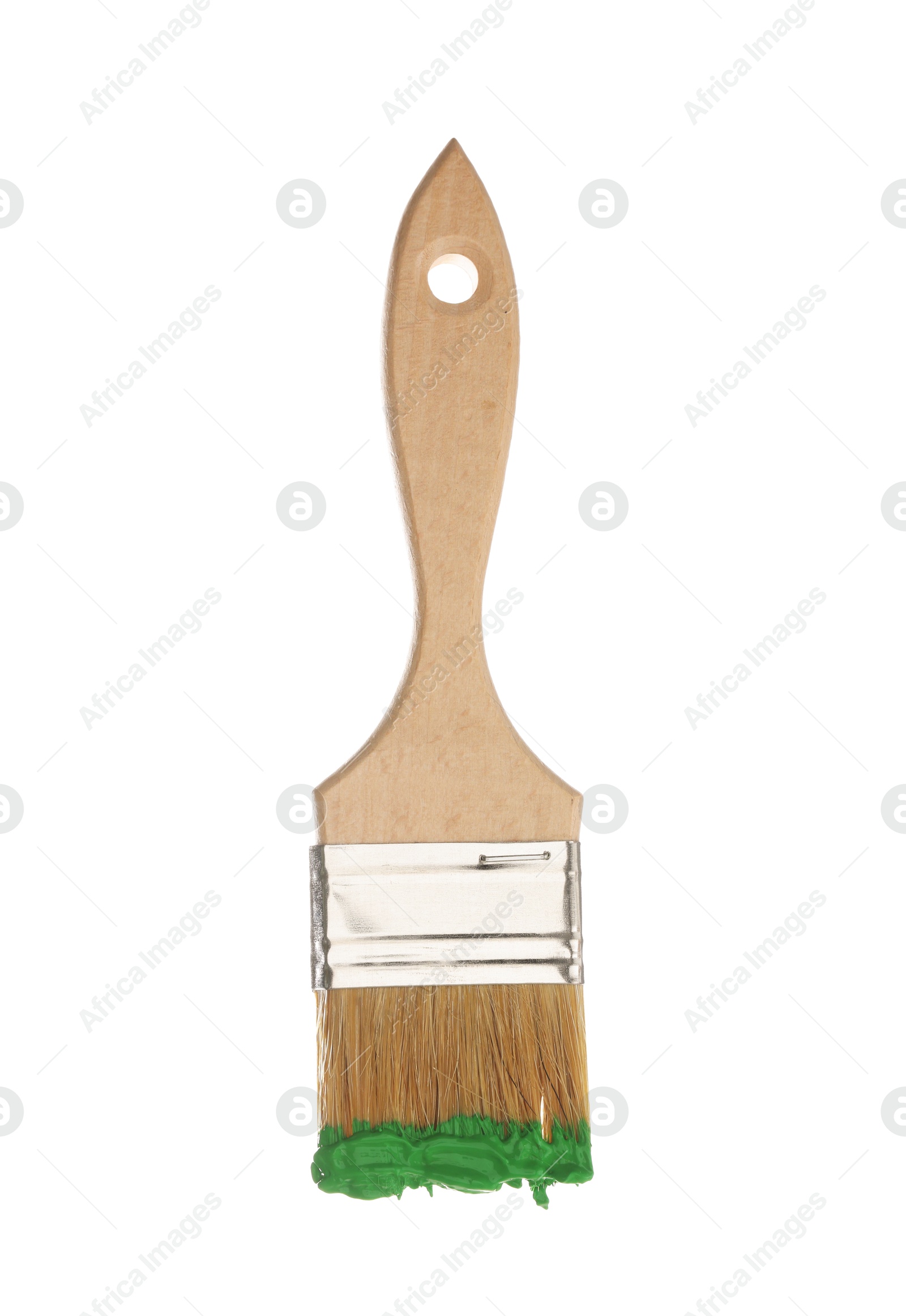 Brush with green paint isolated on white Photo of Brush with green paint isolated on white