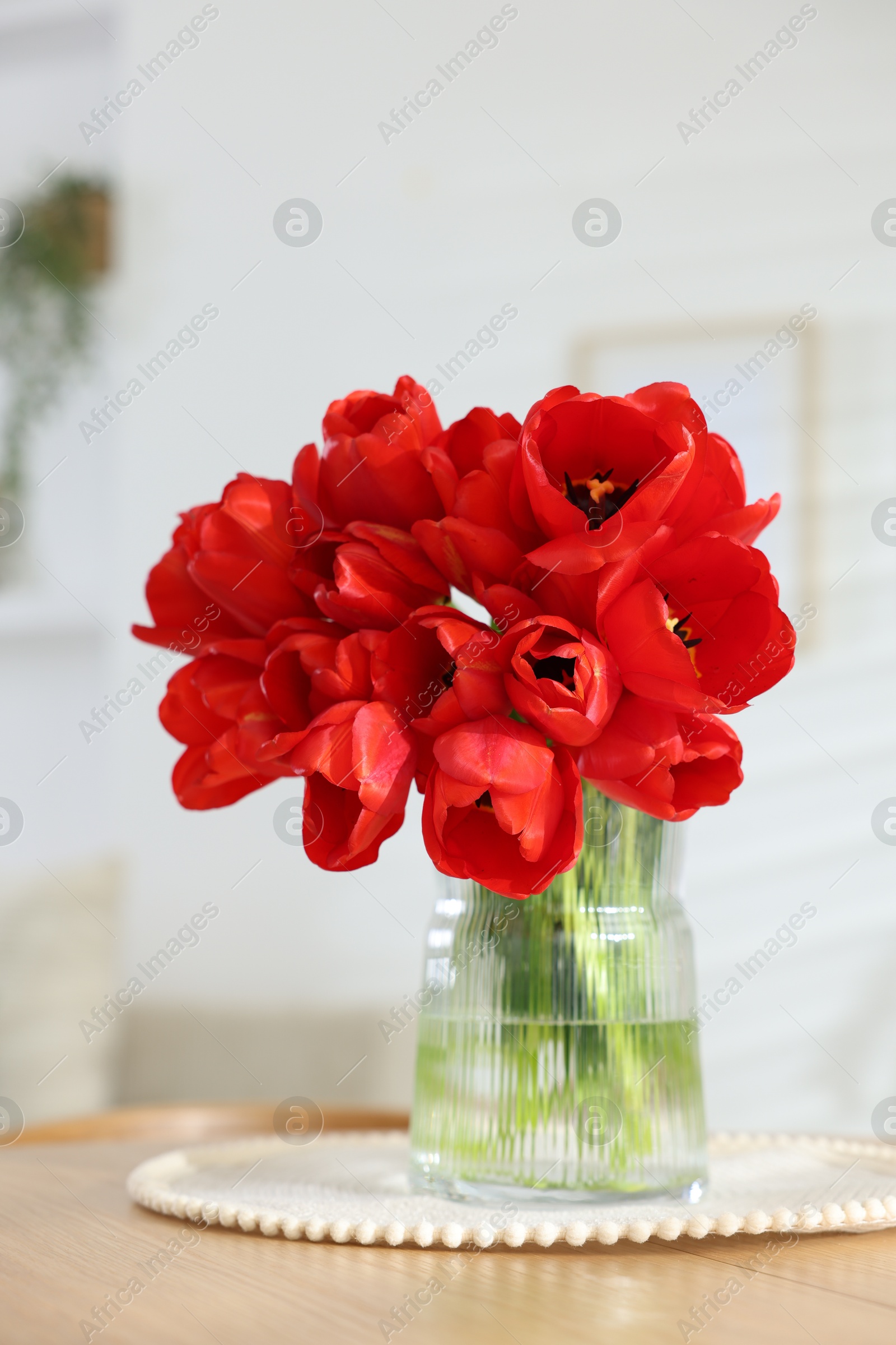 Photo of Beautiful red tulips in vase on wooden table indoors