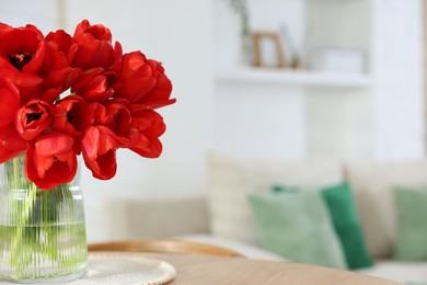 Photo of Beautiful red tulips in vase on table indoors, closeup. Space for text