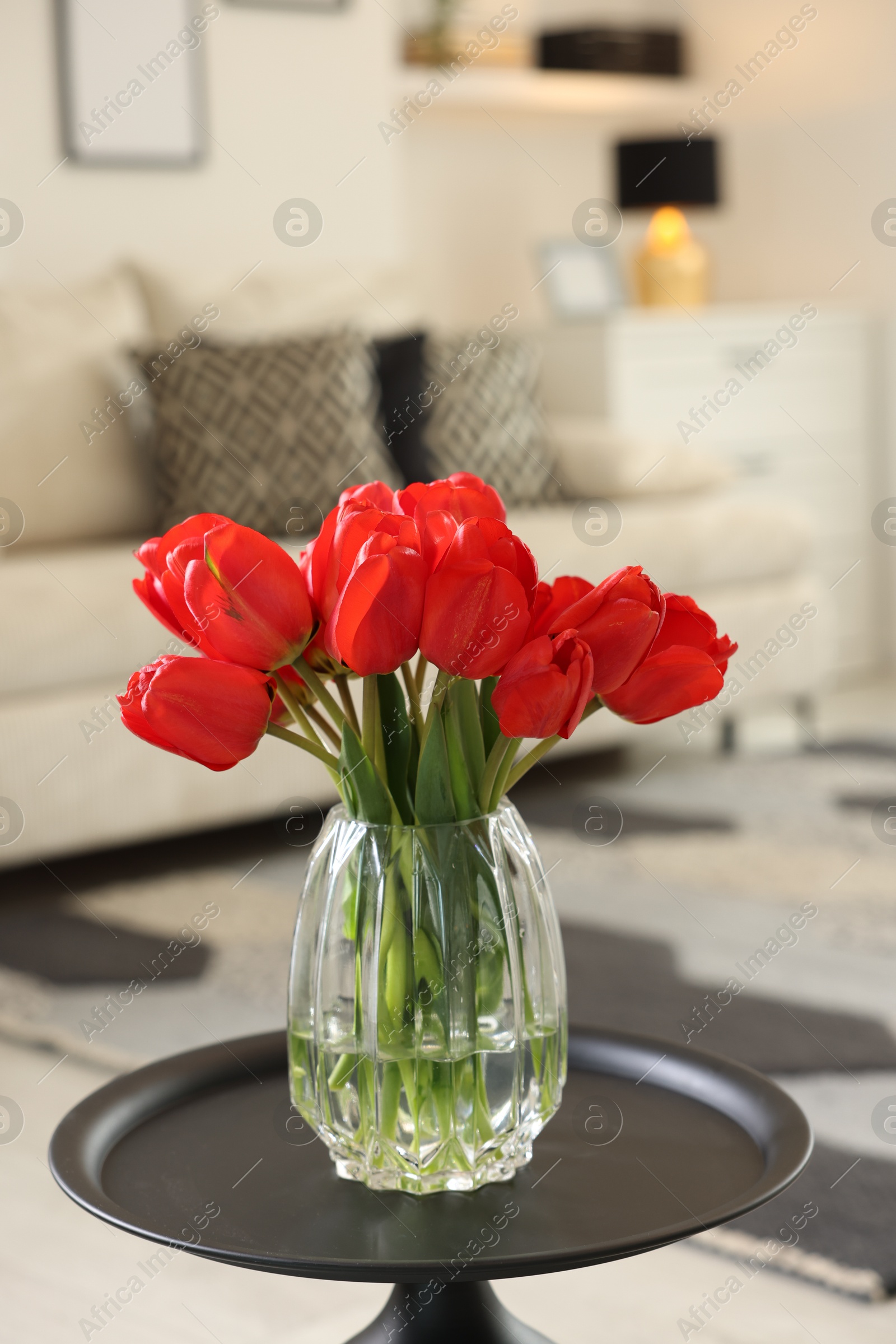 Photo of Beautiful red tulips in vase on table indoors