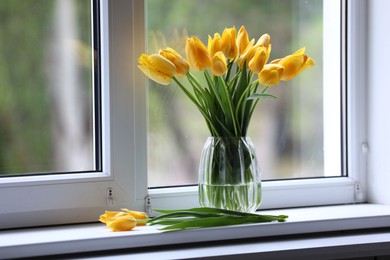 Photo of Beautiful tulips in vase on window sill