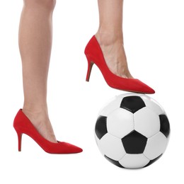 Photo of Woman in high heeled shoes with soccer ball on white background, closeup