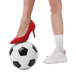 Photo of Woman in high heeled shoe and sneaker with soccer ball on white background, closeup