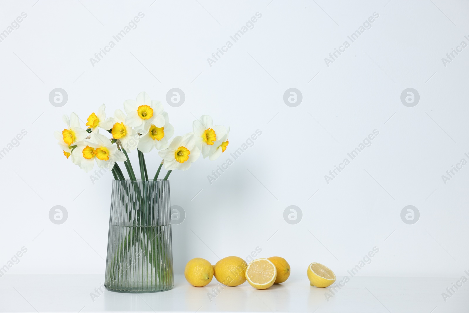 Beautiful daffodils in vase and lemons on white table indoors Photo of Beautiful daffodils in vase and lemons on white table indoors