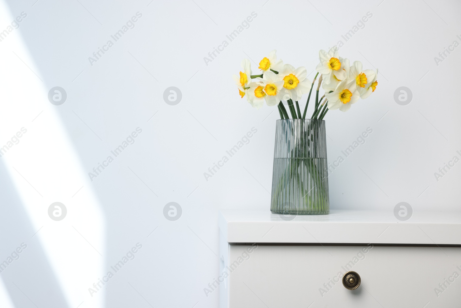 Beautiful daffodils in vase on dresser indoors, space for text Photo of Beautiful daffodils in vase on dresser indoors, space for text