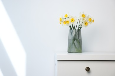 Photo of Beautiful daffodils in vase on dresser indoors, space for text