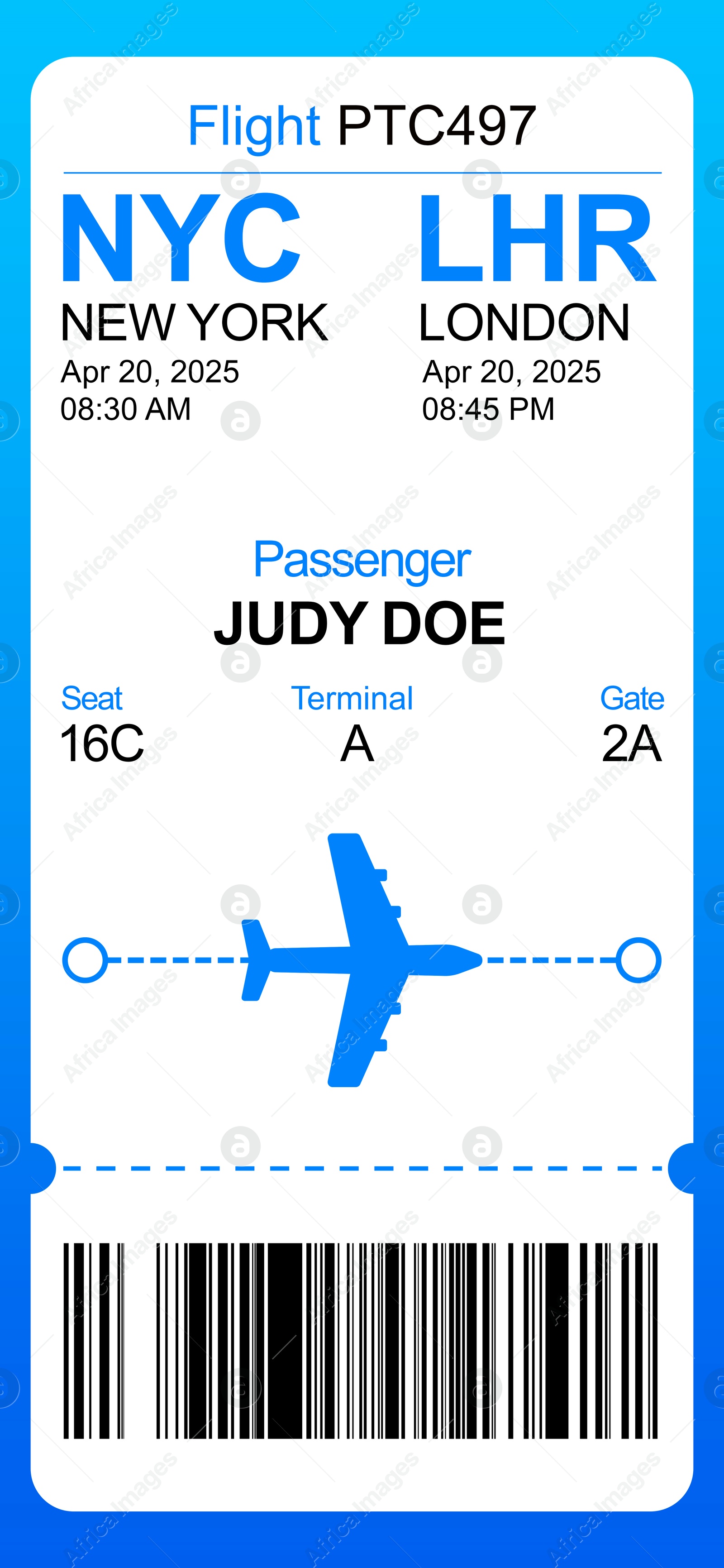 E-ticket for airplane with data and barcode Illustration of E-ticket for airplane with data and barcode