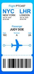 Illustration of E-ticket for airplane with data and barcode