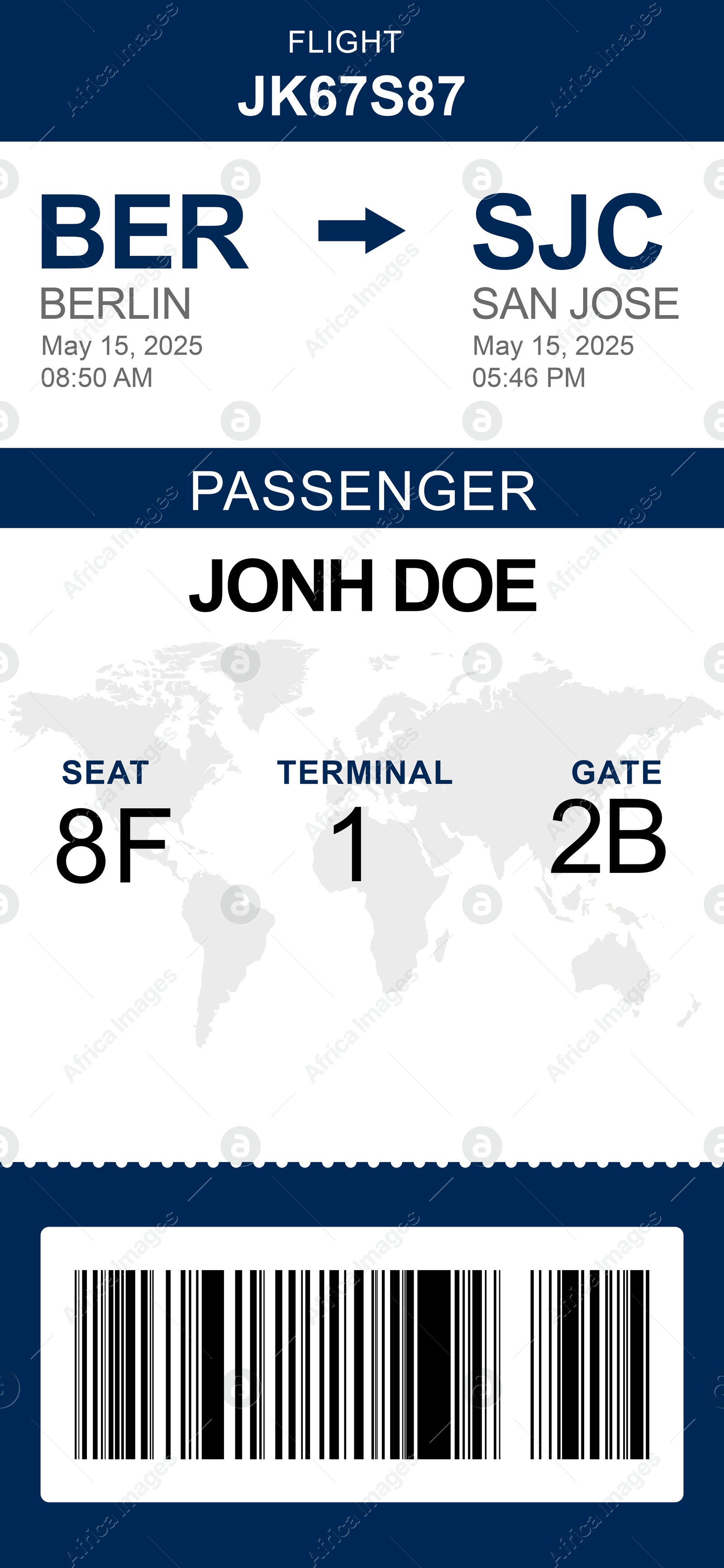 E-ticket for airplane with data and barcode Illustration of E-ticket for airplane with data and barcode