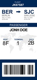 Illustration of E-ticket for airplane with data and barcode
