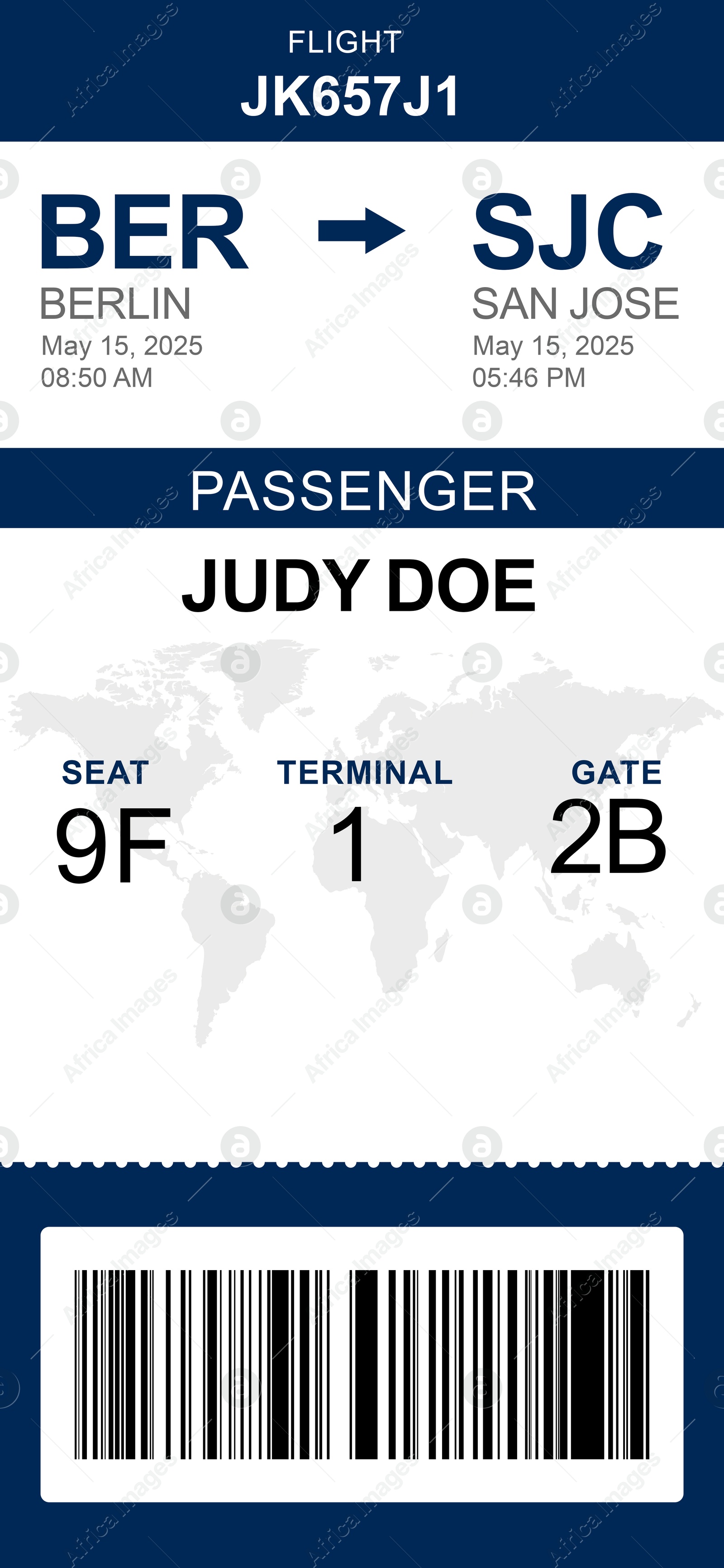 E-ticket for airplane with data and barcode Illustration of E-ticket for airplane with data and barcode