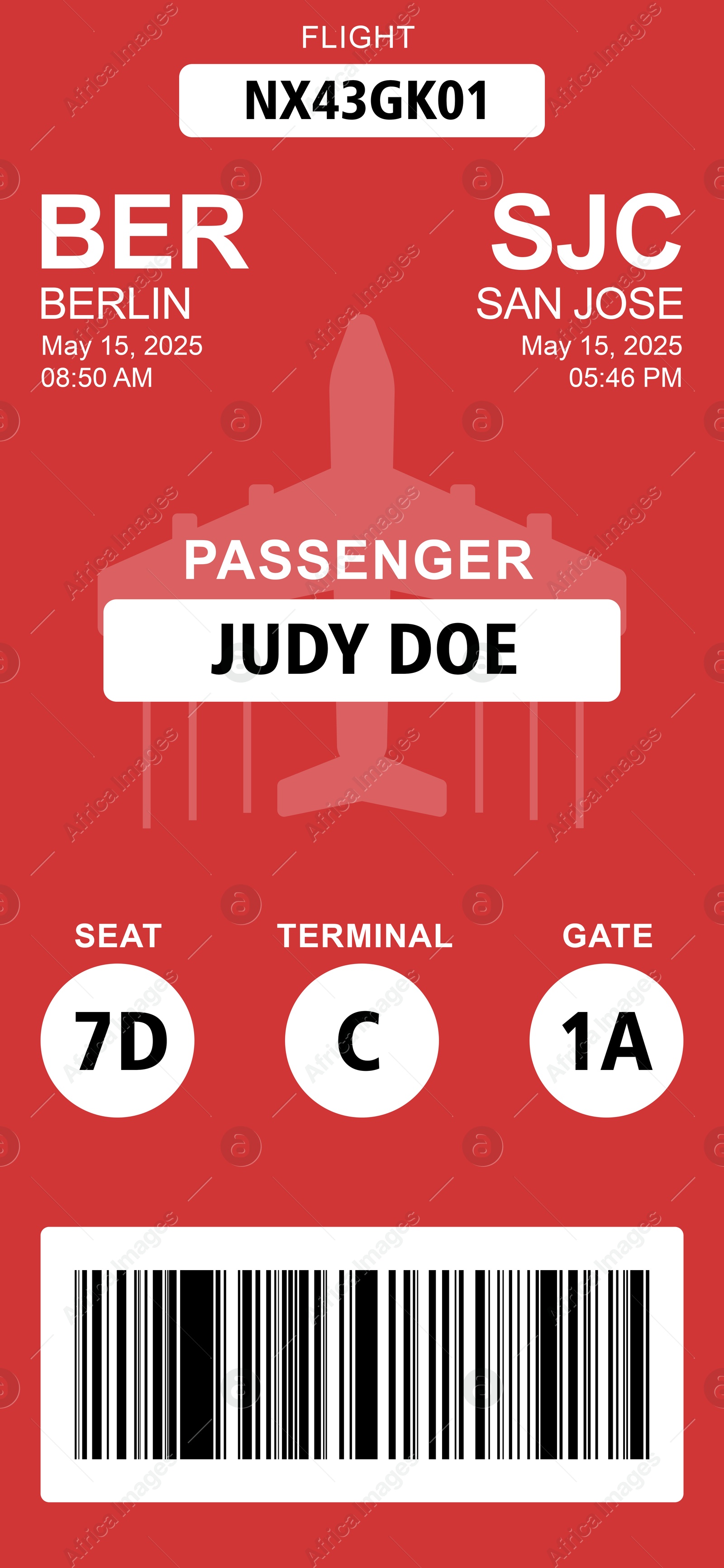 E-ticket for airplane with data and barcode Illustration of E-ticket for airplane with data and barcode