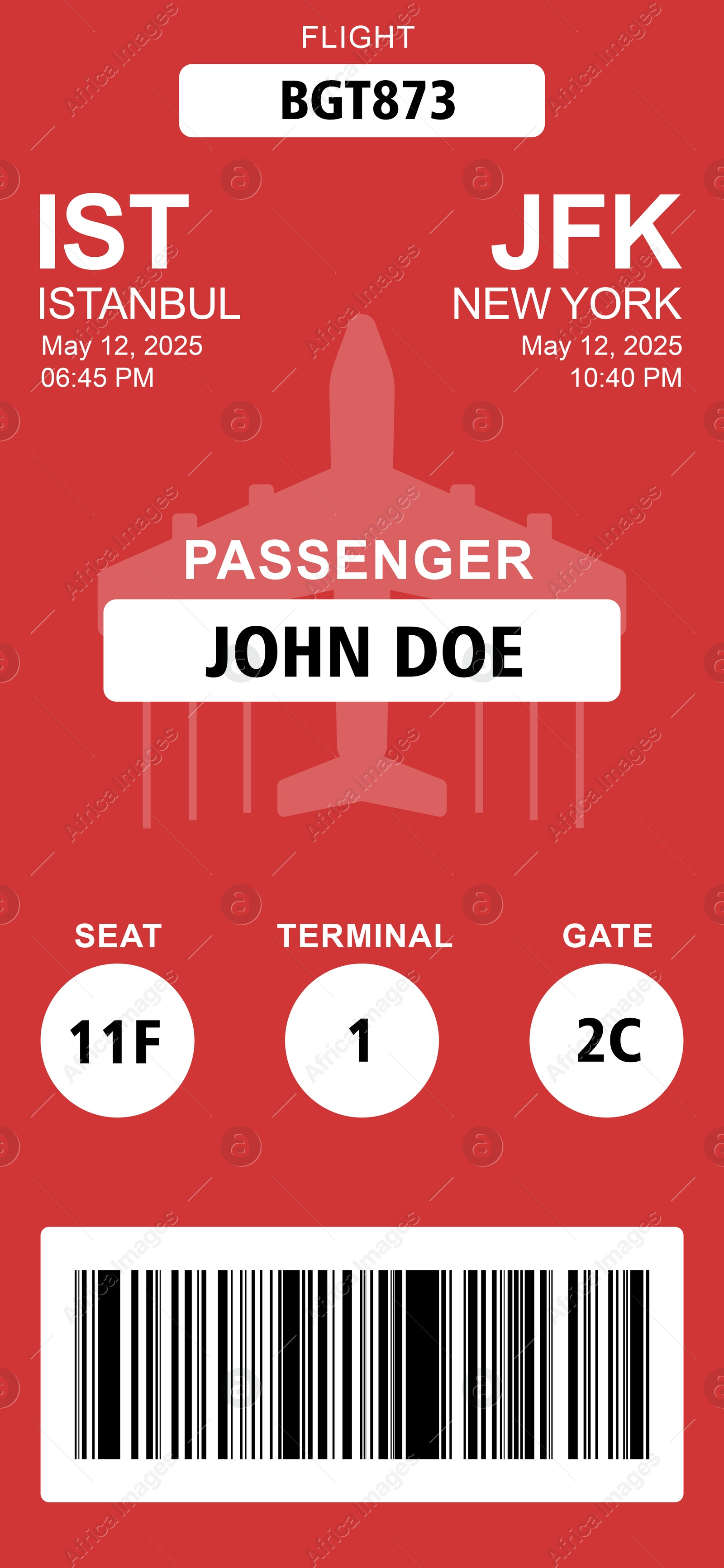 E-ticket for airplane with data and barcode Illustration of E-ticket for airplane with data and barcode
