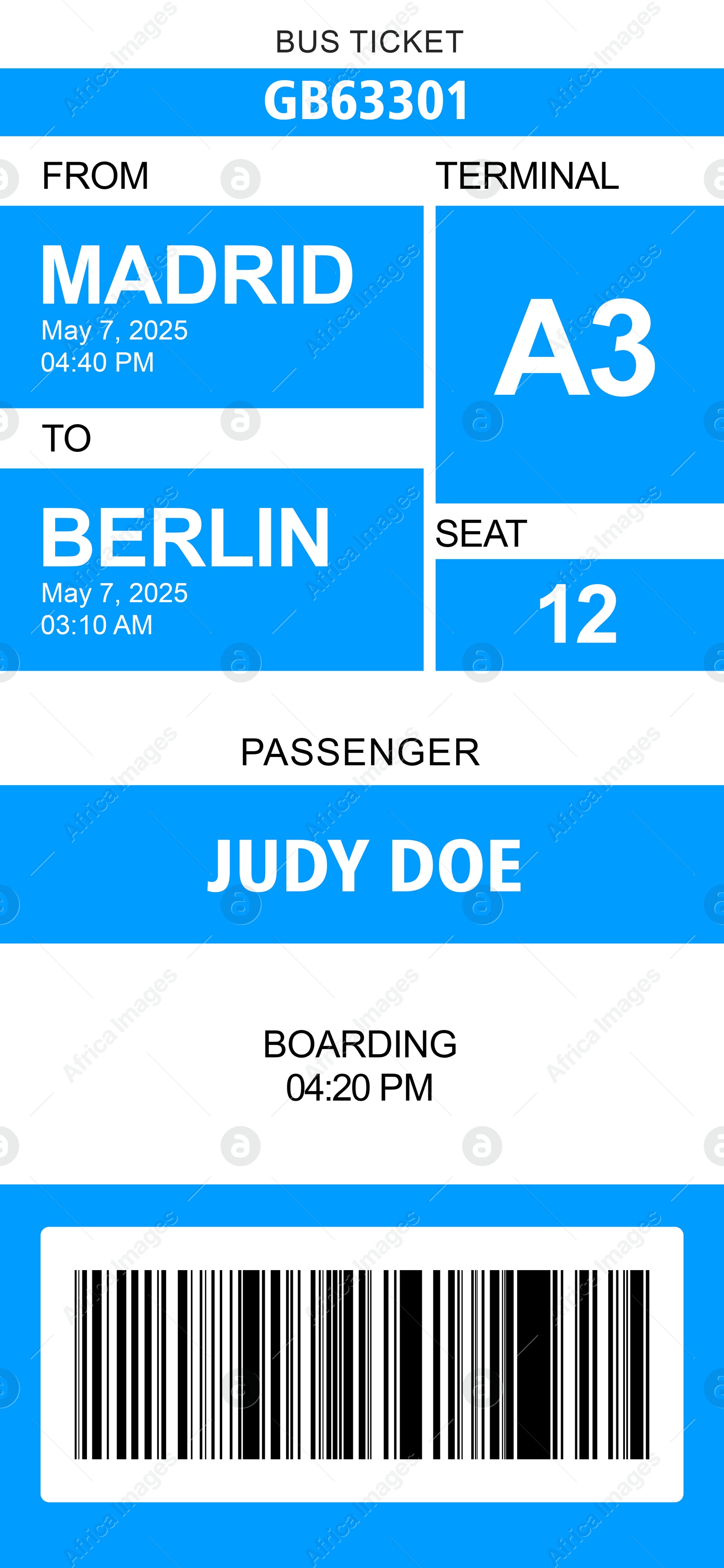 E-ticket for bus with data and barcode Illustration of E-ticket for bus with data and barcode