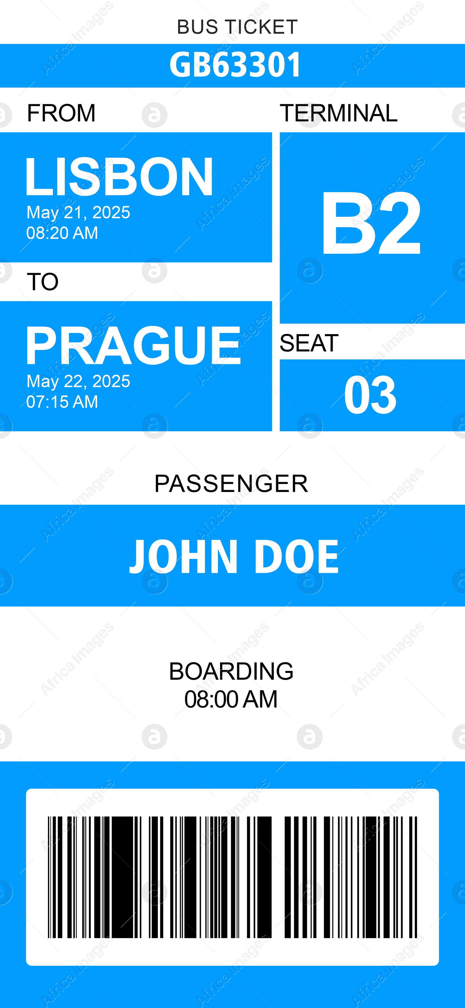 E-ticket for bus with data and barcode Illustration of E-ticket for bus with data and barcode