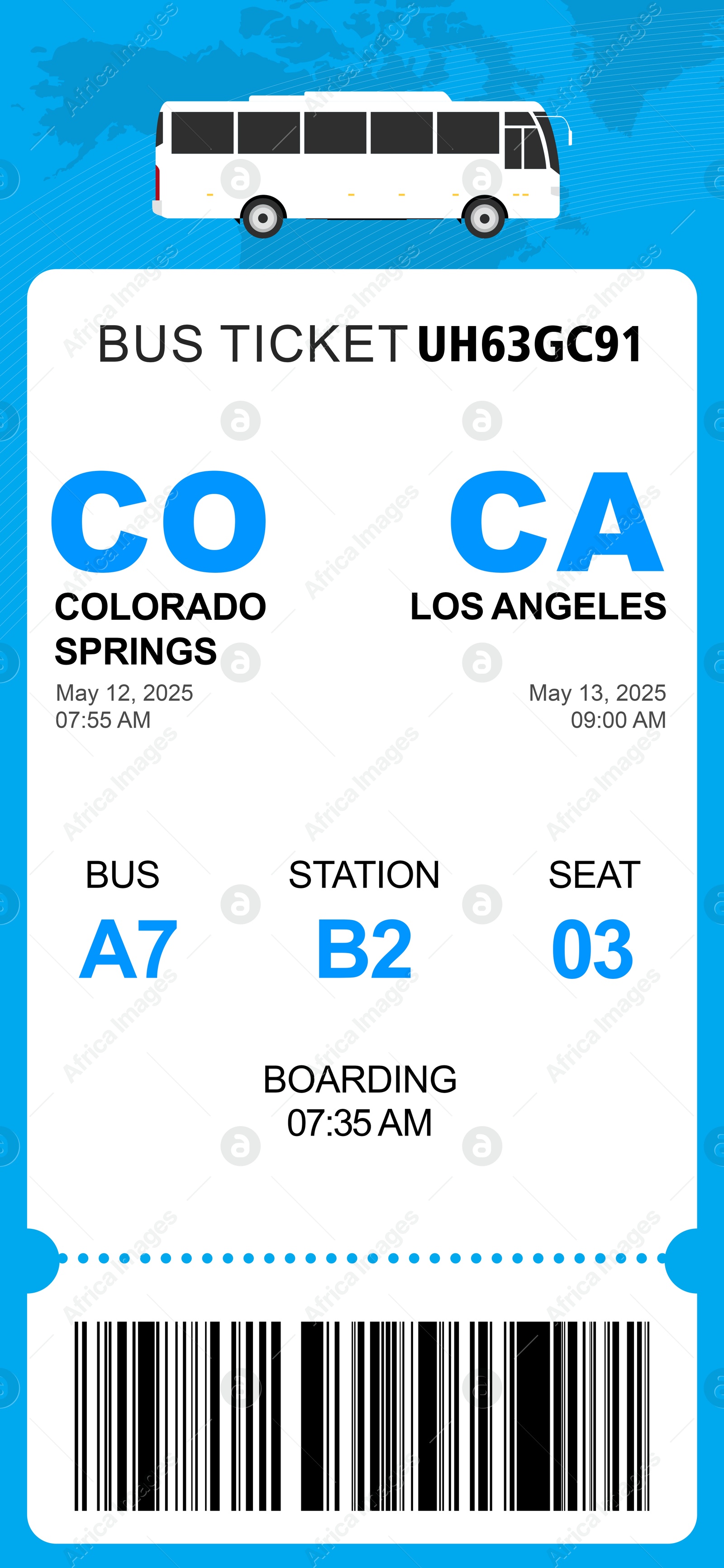 E-ticket for bus with data and barcode Illustration of E-ticket for bus with data and barcode