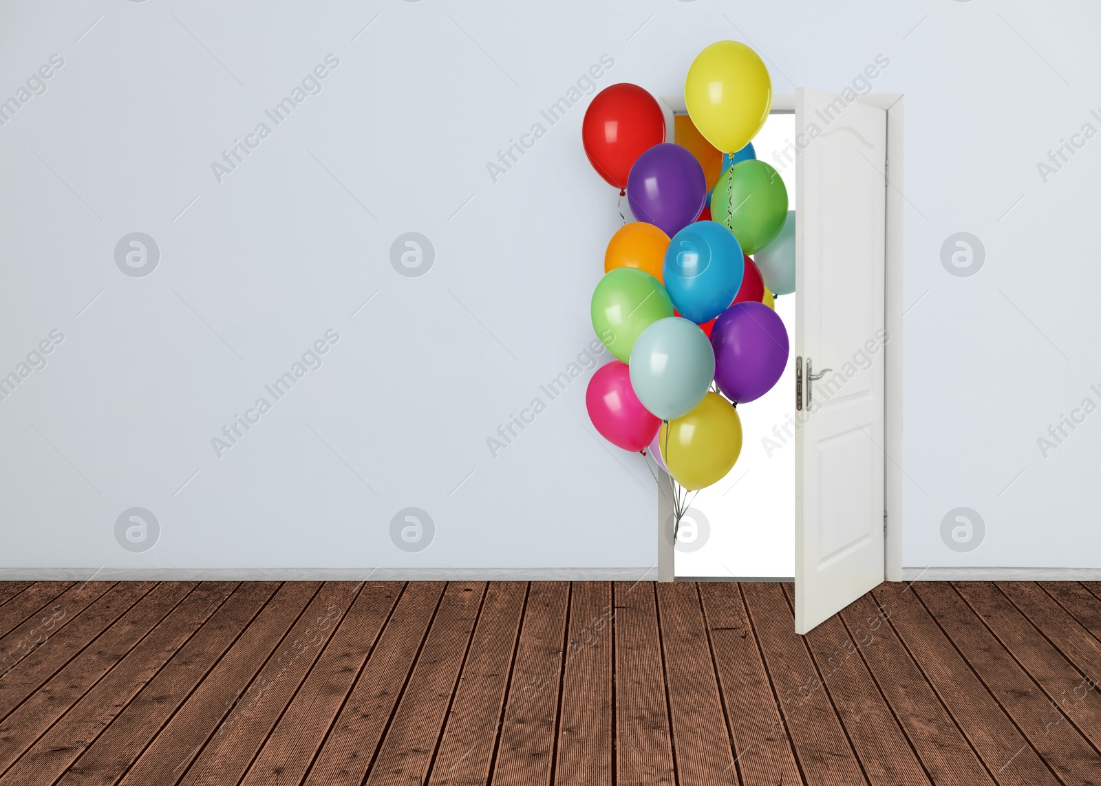 Many bright balloons flying into open door. Festive decoration for birthday party or other celebration Image of Many bright balloons flying into open door. Festive decoration for birthday party or other celebration