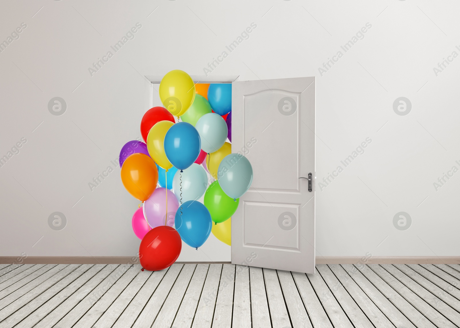Many bright balloons flying into open door. Festive decoration for birthday party or other celebration Image of Many bright balloons flying into open door. Festive decoration for birthday party or other celebration