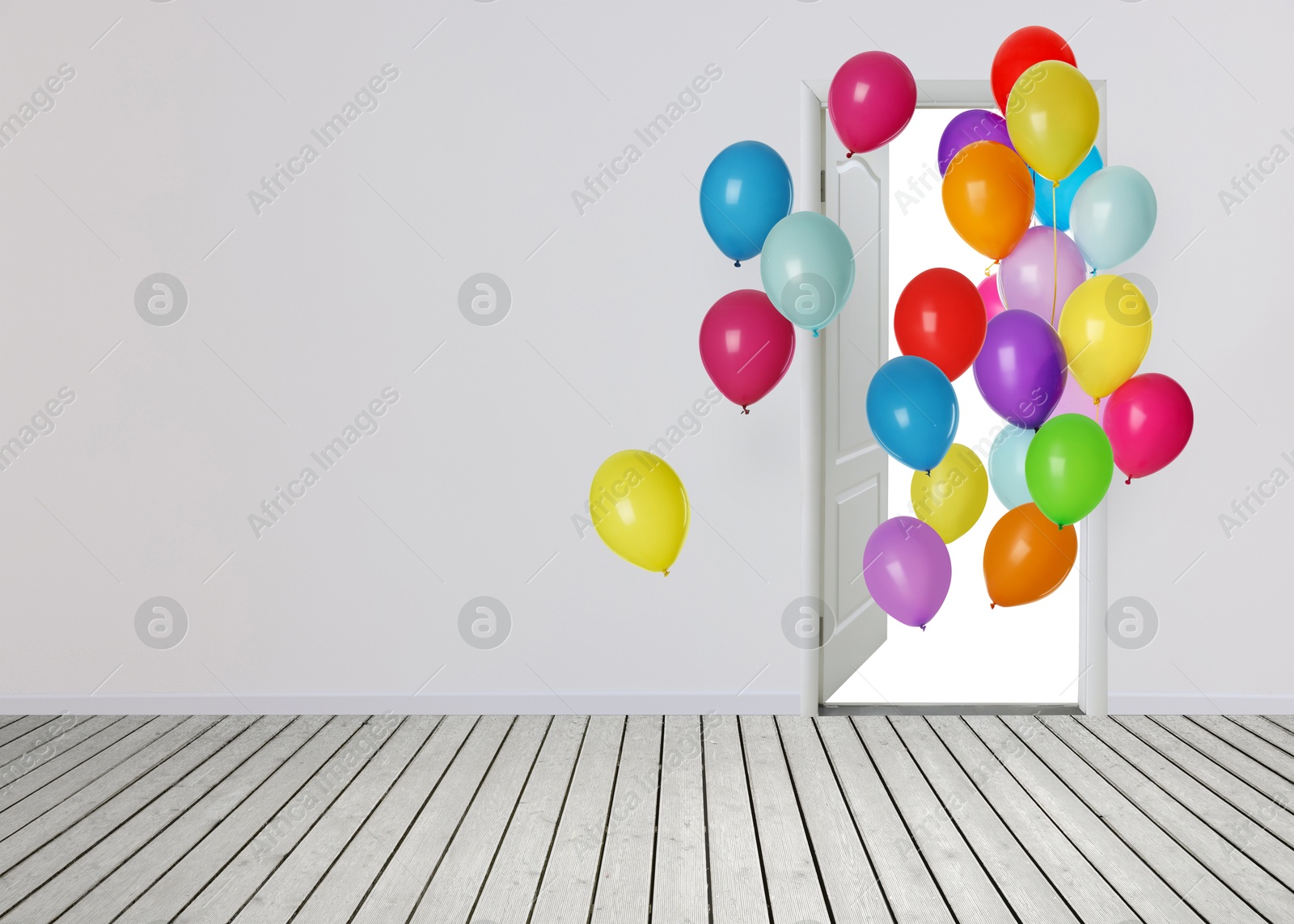 Many bright balloons flying into open door. Festive decoration for birthday party or other celebration Image of Many bright balloons flying into open door. Festive decoration for birthday party or other celebration