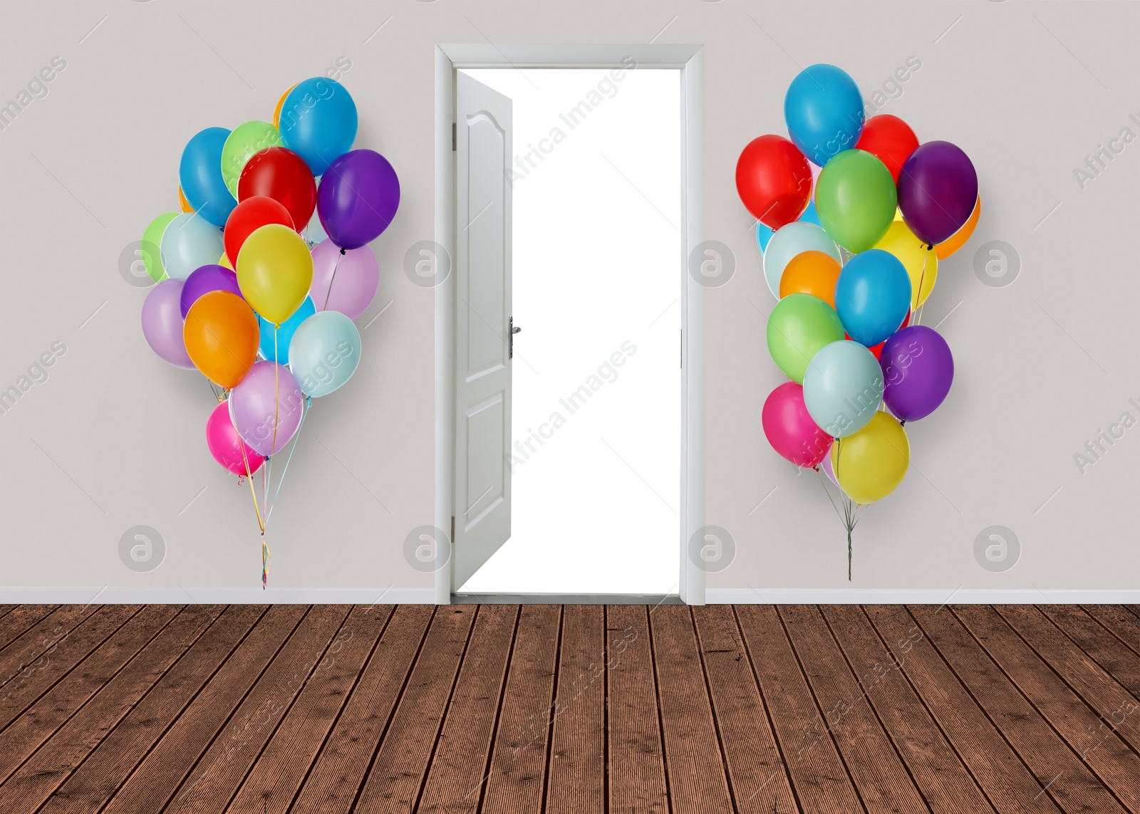 Many bright balloons on either side of open door. Festive decoration for birthday party or other celebration Image of Many bright balloons on either side of open door. Festive decoration for birthday party or other celebration