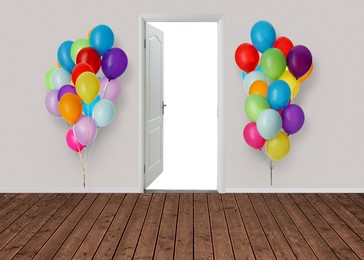Image of Many bright balloons on either side of open door. Festive decoration for birthday party or other celebration