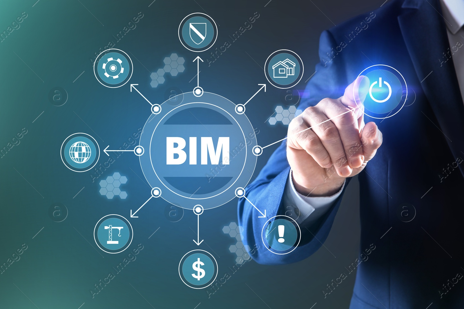 Building information modeling. Man using virtual screen with abbreviation BIM and different icons, closeup Image of Building information modeling. Man using virtual screen with abbreviation BIM and different icons, closeup