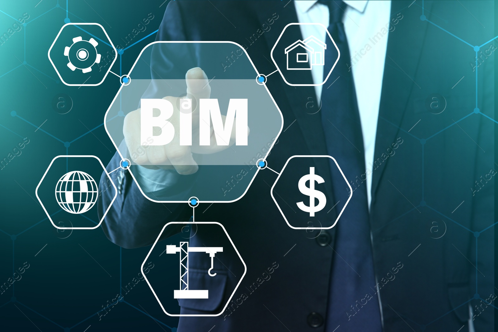 Building information modeling. Man using virtual screen with abbreviation BIM and different icons, closeup Image of Building information modeling. Man using virtual screen with abbreviation BIM and different icons, closeup