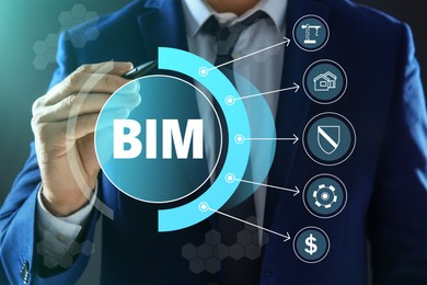 Image of Building information modeling. Man using virtual screen with abbreviation BIM and different icons, closeup