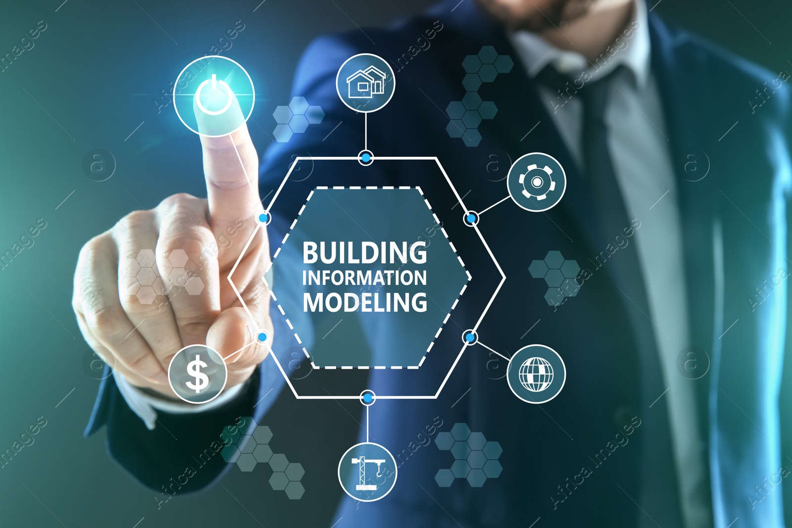 Building information modeling. Man using virtual screen with different icons, closeup Image of Building information modeling. Man using virtual screen with different icons, closeup