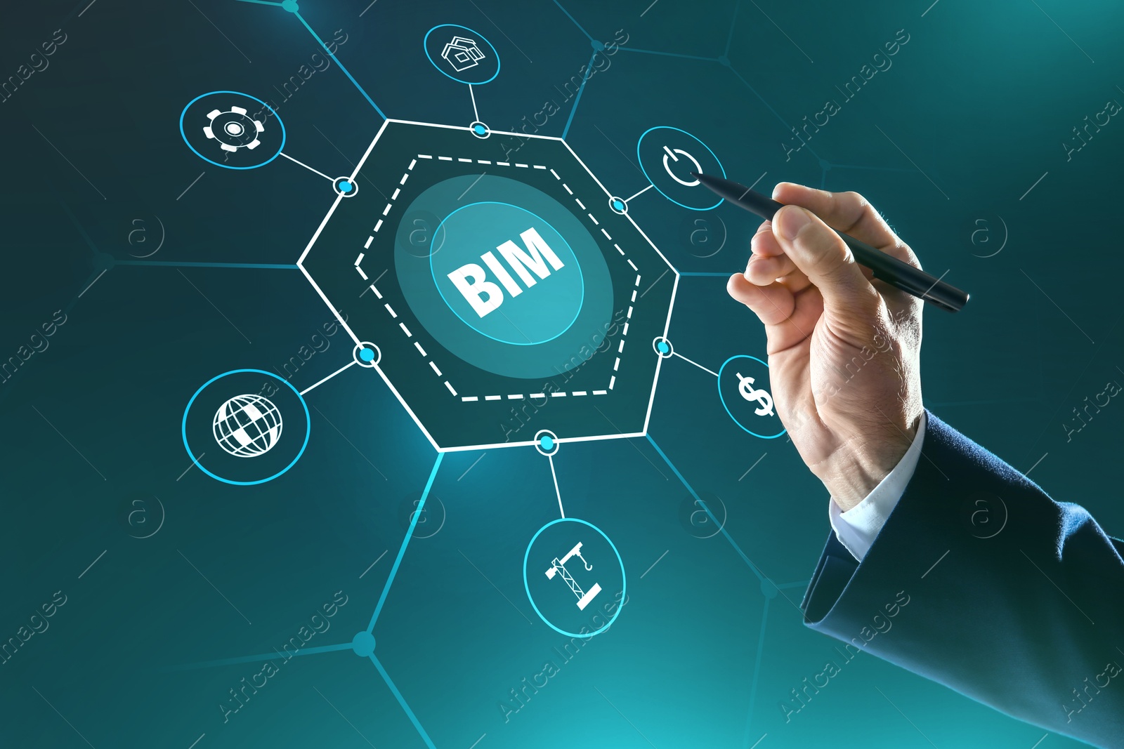 Building information modeling. Man using virtual screen with abbreviation BIM and different icons, closeup Image of Building information modeling. Man using virtual screen with abbreviation BIM and different icons, closeup