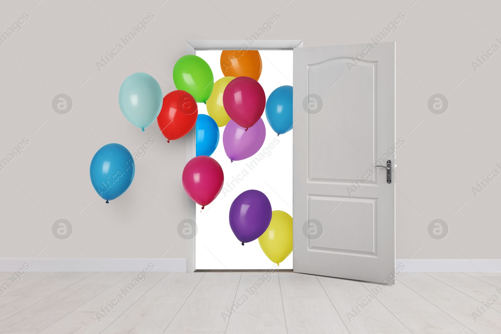 Many bright balloons flying into open door. Festive decoration for birthday party or other celebration Image of Many bright balloons flying into open door. Festive decoration for birthday party or other celebration