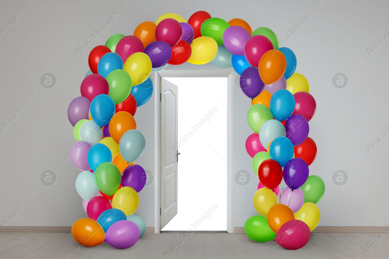 Open door decorated with arch of bright balloons. Festive decoration for birthday party or other celebration Image of Open door decorated with arch of bright balloons. Festive decoration for birthday party or other celebration