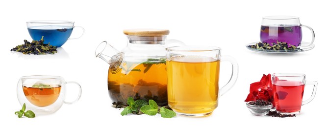 Image of Different types of tea in glassware isolated on white, set