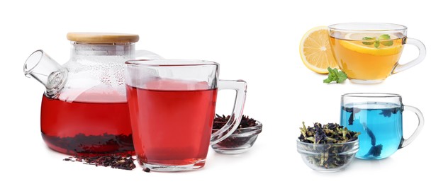 Image of Different types of tea in glassware isolated on white, set
