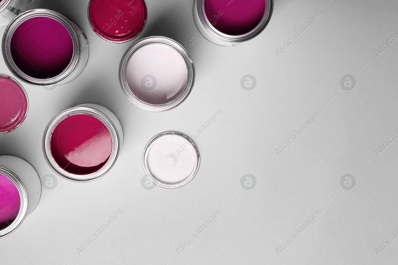 Cans with paint in shades of pink on light grey background, top view. Space for text Image of Cans with paint in shades of pink on light grey background, top view. Space for text