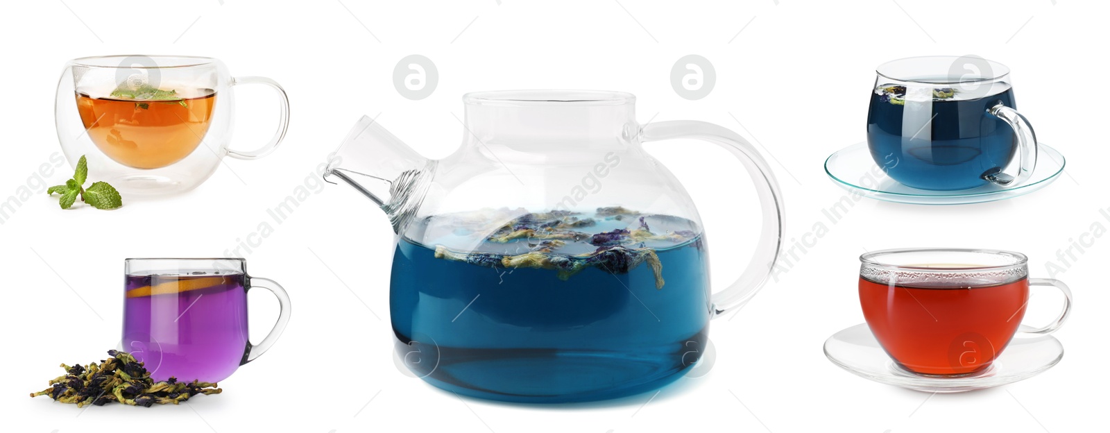 Different types of tea in glassware isolated on white, set Image of Different types of tea in glassware isolated on white, set