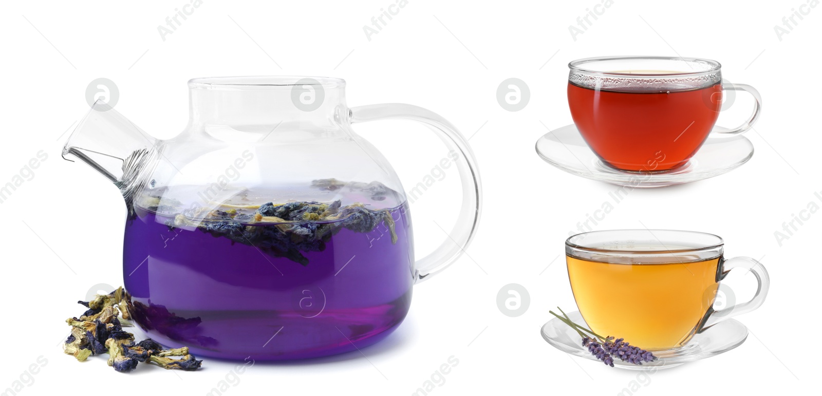 Different types of tea in glassware isolated on white, set Image of Different types of tea in glassware isolated on white, set